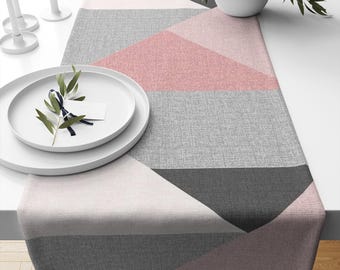 Table Runner Pink Gray Black Triangles Geometric Nordic Patchwork, Traditional Dining Room Textile Accent for Home Table Decor