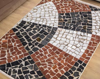 Brown Black Mosaic Stones Area Rug|Ethnic Print Turkish Rug|Vintage Carpet|Washable Living Room Rug|Ottoman Court Carpet|Traditional Decor