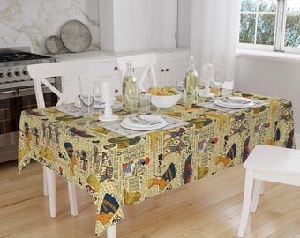Ethnic Authentic Retro Egyptian Pyramid Figures Border Yellow Background Pattern Tablecloth, Modern Dining Accent Table Cover