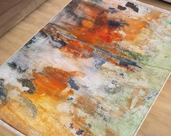 Colorful Watercolor Geometric Area Rug Runner, Modern Abstract Turkish Anti-Slip Carpet, Chenille Washable Rug, Housewarming Gift