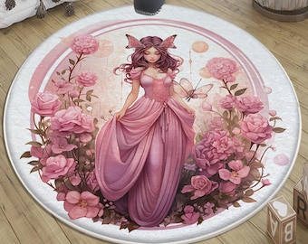 Fairy Princess Round Kids Room Rug with Floral Design & Pillow Case Gift - Nursery Decor, Baby Play Mat, Cute Girl Playroom Carpet