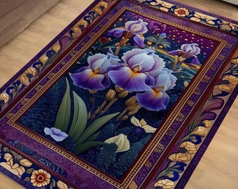 Purple Iris Rug for Maximalist Decor, Nature Lovers, Floral Botanical Area Rug with Summer Flowers, Dark Purple Foliage Design