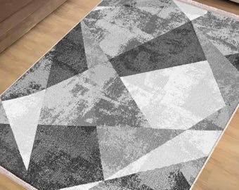 Gray White Black Modern Geometric Area Rug Runner, Scandinavian Nordic Carpet, Unique Accent Mat for Hallway Room, Chenille Washable Rug