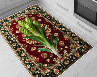 Wasabi Plant Rug, Boho Floral Vegetables Rug for Kitchen, Floral Decor, Green Maximalist Botanical Accent, Chenille Washable Rug