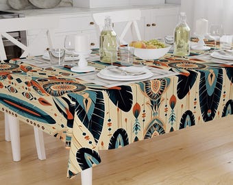 Art Deco Tablecloth Tribal Boho Aztec Linen Ethnic Turkish Accent Modern Dining Room Decor, Rectangle tablecloth, Housewarming gift