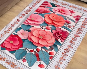Romantic Floral Area Rug Soft Pink Botanical Carpet Shabby Chic Bedroom & Living Room Accent Mat Cottagecore Aesthetic Gift