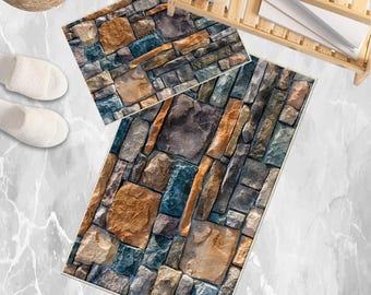 Colorful Old Wall Stone Design Bathroom Rug - Non Slip Bath Mat, Quick Dry Washable Toilet Mat, Soft Modern Bathroom Decor