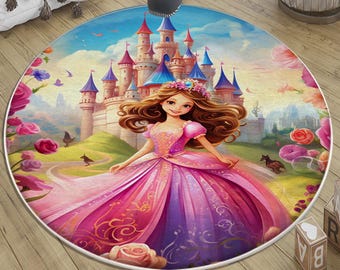 Round Colorful Fairy Princess Castle Kids Room Rug with Pillowcase | Cute Kids Room Decor & Gift for Children