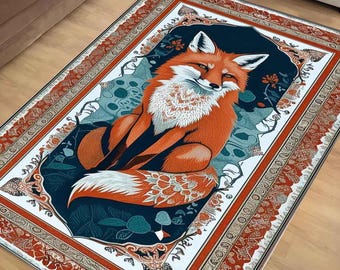 Rustic Fox Rug for Living Room - Whimsical Floral Animal Area Rug, Cute Orange Fox Decor Carpet, Vintage Kids Room Decorative Rug