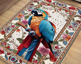 Traditional Parrot Rug with Teal & Pink Floral Accents, Rustic Wildlife Area Rug, Oriental Baby Parrot Gift, Forest Decor