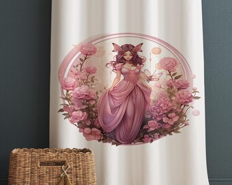 Pink Floral Curtains for Girls Room, Fairy Tale Princess Window Drapes, Custom Size Kids Nursery Decor & Matching Pillow Covers Gift