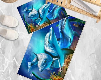 Blue Dolphins Bathroom Rug - Under Sea Non Slip Bath Mat, Quick Dry Washable Toilet Mat, Soft Modern Bathroom Decor