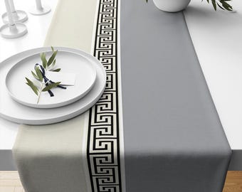 Table Runner Gray Cream Greek Key Pattern – Modern Traditional Dining Room Decor Textile Accent, Farmhouse Decor