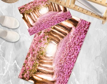 Pink Tree Leaves Forest Path Bathroom Rug - Non Slip Bath Mat, Quick Dry Washable Toilet Mat, Soft Modern Bathroom Decor