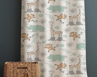 Safari Jungle Nursery Curtains with Cute Giraffe, Monkey & Hippo - Custom Size Rod Pocket Window Drapes for Kids Room