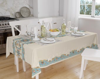 Blue Ethnic Authentic Retro Ottoman Turkish Border Cream Background Animal Pattern Tablecloth, Modern Dining Accent Table Cover