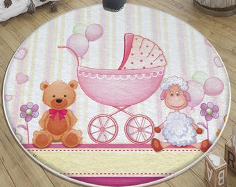 Pink Bear Nursery Rug with Pillow Case, Cute Lamb Animal Rug for Kids Room Decor, Baby Shower Gift for Girls, Soft Round Kids Room Rug