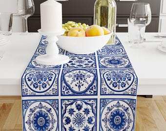 Table Runner Blue Ethnic Theme with Ottoman Turkish Pattern, Authentic Traditional Retro Farmhouse Home Decor, Farmhouse Decor