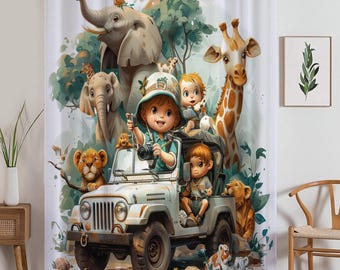 Safari Woodland Animals Sheer Curtain for Kids Room, Lightweight Giraffe Elephants Leon Nursery Net Voile, Kids Room Window Drapes