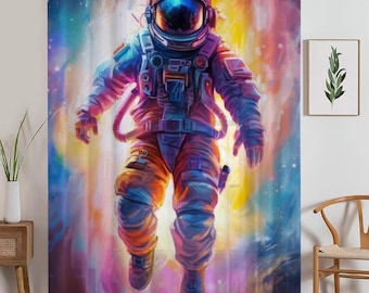 Astronaut Sheer Curtain for Kids Room, Lightweight Colorful Space Nursery Net Voile, Kids Room Window Drapes