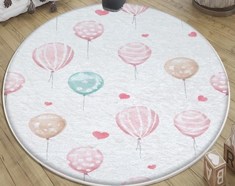Pink Hearts Balloons Nursery Rug with Pillow Case | Cute Girls Baby Room Decor Gift for Kids