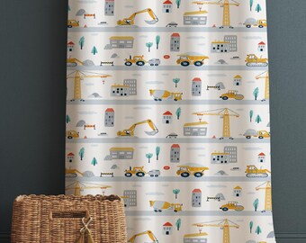 Road Construction Vehicles Kids Curtains with Pillowcase – Crane Bulldozer Excavator Nursery Rod Pocket Curtain for Boys Room, Custom Sizes