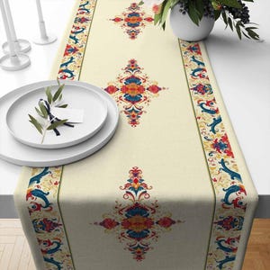 May include: A beige table runner with a colorful floral pattern. The pattern features red, blue, yellow, and green colors. The runner has a border with a repeating floral design.