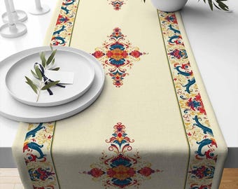 Table Runner Ethnic Retro Ottoman Turkish Figures Vintage Dining Room Decor Unique Textile Accent Home Decoration, Farmhouse Decor
