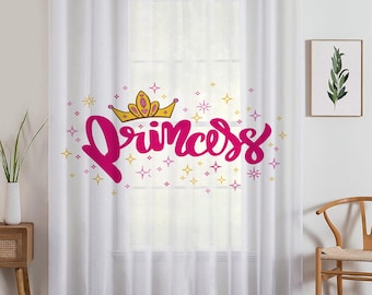 Pink White Princess Writen Sheer Curtain for Kids Room –Girls Nursery Net Voile, Lightweight & Machine Washable - Matching Accessories
