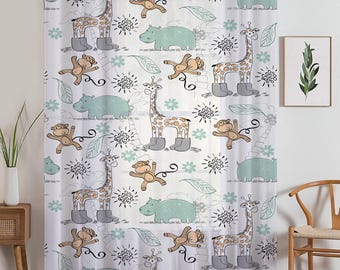 Sheer Woodland Animal Curtain for Kids Room – Monkey Giraffe Hippo Nursery Net Voile, Lightweight & Machine Washable - Matching Accessories