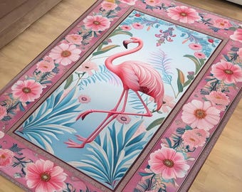 Flamingo Rug with Persian Border, Floral Animal Art Deco Accent Carpet, Unique Maximalist Living Room Entry Decor