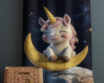 Baby Unicorn Curtains for Girls Room, Custom Size Window Drapes, Moon & Starry Night Decor, Kids Gift Pillow Cover, Nursery Window Treatment