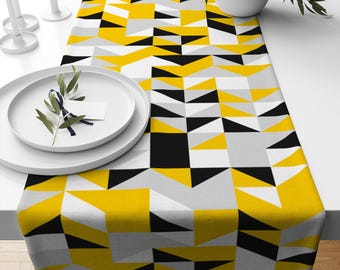 Table Runner Modern Geometric Yellow Black Gray White Dining Room Decor Textile Accent Home Decoration, Farmhouse Decor