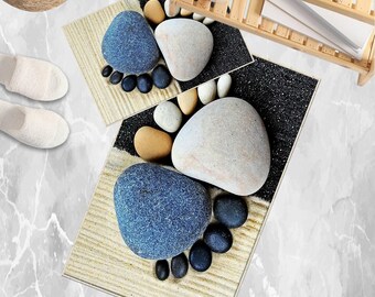 Blue Black Foot Stones Bathroom Rug - Non Slip Bath Mat, Quick Dry Washable Toilet Mat, Soft Modern Bathroom Decor