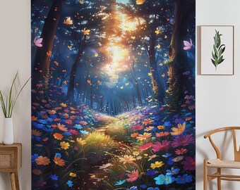 Colorful Flowers Woodland Path Sheer Curtain for Girls Room, Lightweight Floral Nursery Net Voile, Kids Room Window Drapes, Machine Washable