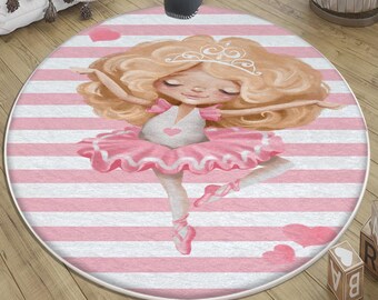Pink Blonde Ballerina Nursery Rug with Pillow Case Gift, Round Cute Girl Baby Room Decor, Kid Room Carpet for Toddler Girl, Ballet Theme