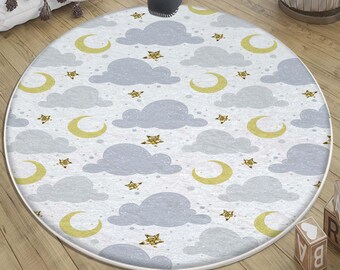 Blue Clouds Moon Stars Nursery Rug with Pillowcase, Round Kids Room Decor & Gift for Baby Toddler