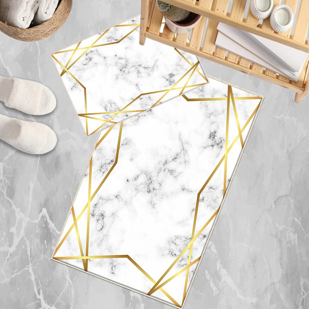 Golden Lines Marble Bathroom Rug Non Slip Quick Dry Bath Mat Geometric ...