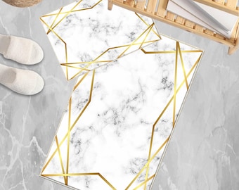 Golden Lines Marble Bathroom Rug Non Slip Quick Dry Bath Mat Geometric Washable Soft Modern Toilet Mat with Border Lines