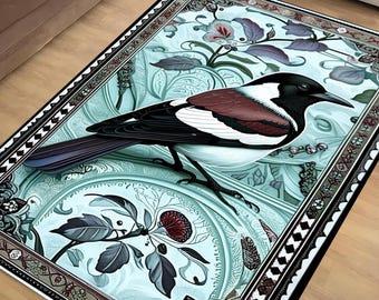 Magpie Rug with Rose Floral Design, Washable Cottagecore Decorative Carpet, Unique Nature & Bird Accent, Designer Novelty Floor Mat