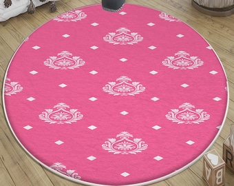 Round Pink Nursery Rug for Girls Room, Soft Baby Play Mat, Cute Kids Room Decor with Pillowcase Gift