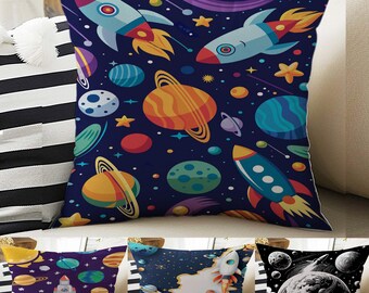 Kids Room Decor Galaxy Space Planets Rocket Pillow Covers, Bold Nursery Cushion & Decorative Children Throw Pillowcases for Playroom