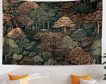 Nature Botanical Forest Tapestry – Green Brown Woodland Tree Wall Art, Aesthetic Home Decor, Tree Tapestry for Living Room Bedroom