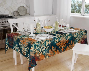 Retro Ottoman Turkish Colorful Tradional Kilim Figures Border Watercolor Background Pattern Tablecloth, Vintage Dining Accent Table Cover