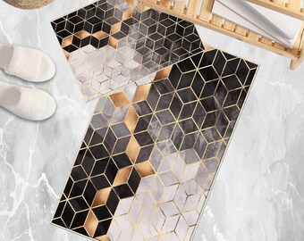 Golden Black Gray Cubes Marble Bathroom Rug Non Slip Quick Dry Bath Mat Geometric Washable Soft Modern Toilet Mat