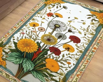 Rustic Dandelion Rug - Teal Flower Area Rug, Cozy Nature Inspired Decor, Traditional Warm Living Room Accent, Rustic Chic Home Decor