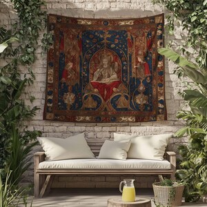Medieval Princess Tapestry - Enchanting 15th Century French Wall Hanging, Red Mythical Artwork, Vintage Decor Gift