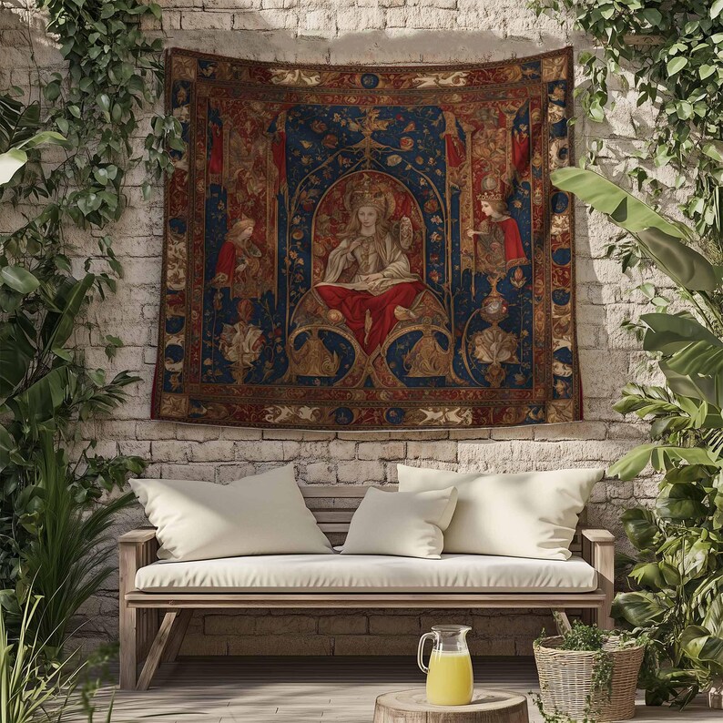 Medieval Princess Tapestry - Enchanting 15th Century French Wall Hanging, Red Mythical Artwork, Vintage Decor Gift
