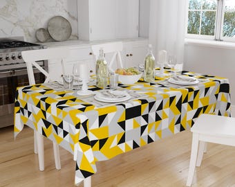 Modern Geometric Tablecloth Yellow Gray Black Abstract Triangles Minimalist Dining Accent Cover Home Decor