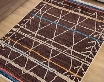 Brown Moroccan Chenille Area Rug|Ethnic Print Turkish Rug|Vintage Carpet|Washable Living Room Rug|Ottoman Court Carpet|Traditional Decor
